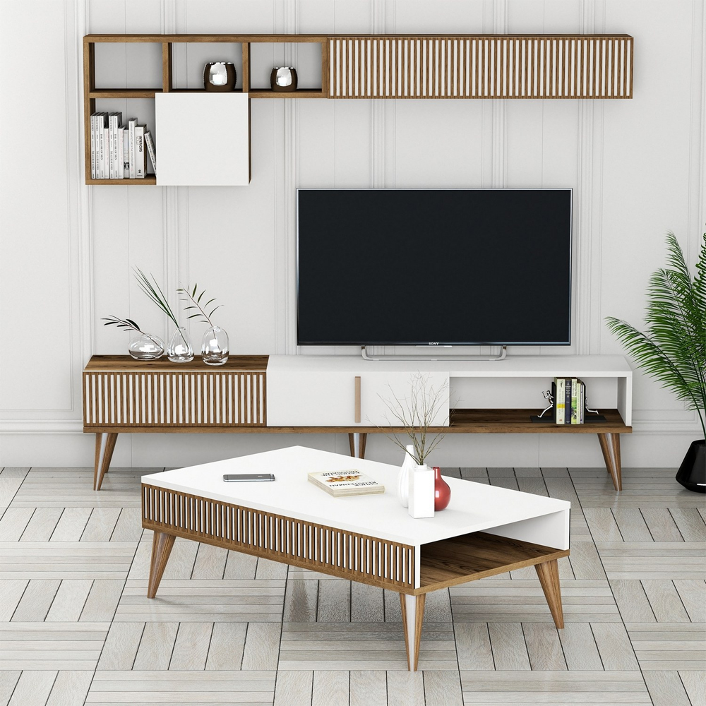 Milan Wooden Entertainment Unit with Coffee Table Set in White and Walnut
