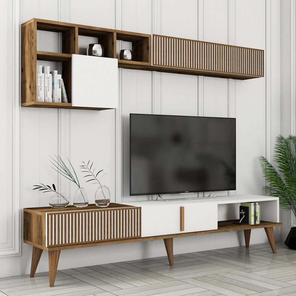 Milan Wooden Entertainment Unit with Coffee Table Set in White and Walnut