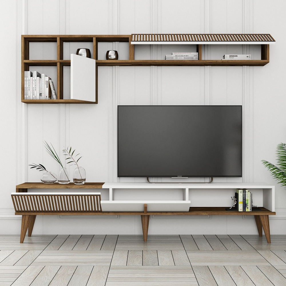 Milan Wooden Entertainment Unit with Coffee Table Set in White and Walnut