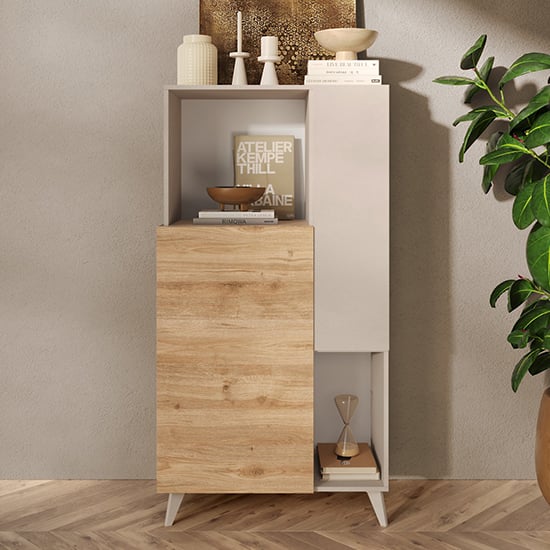 Product photograph of Milan Wooden Highboard With 2 Doors In Cashmere And Cadiz Oak from Furniture in Fashion