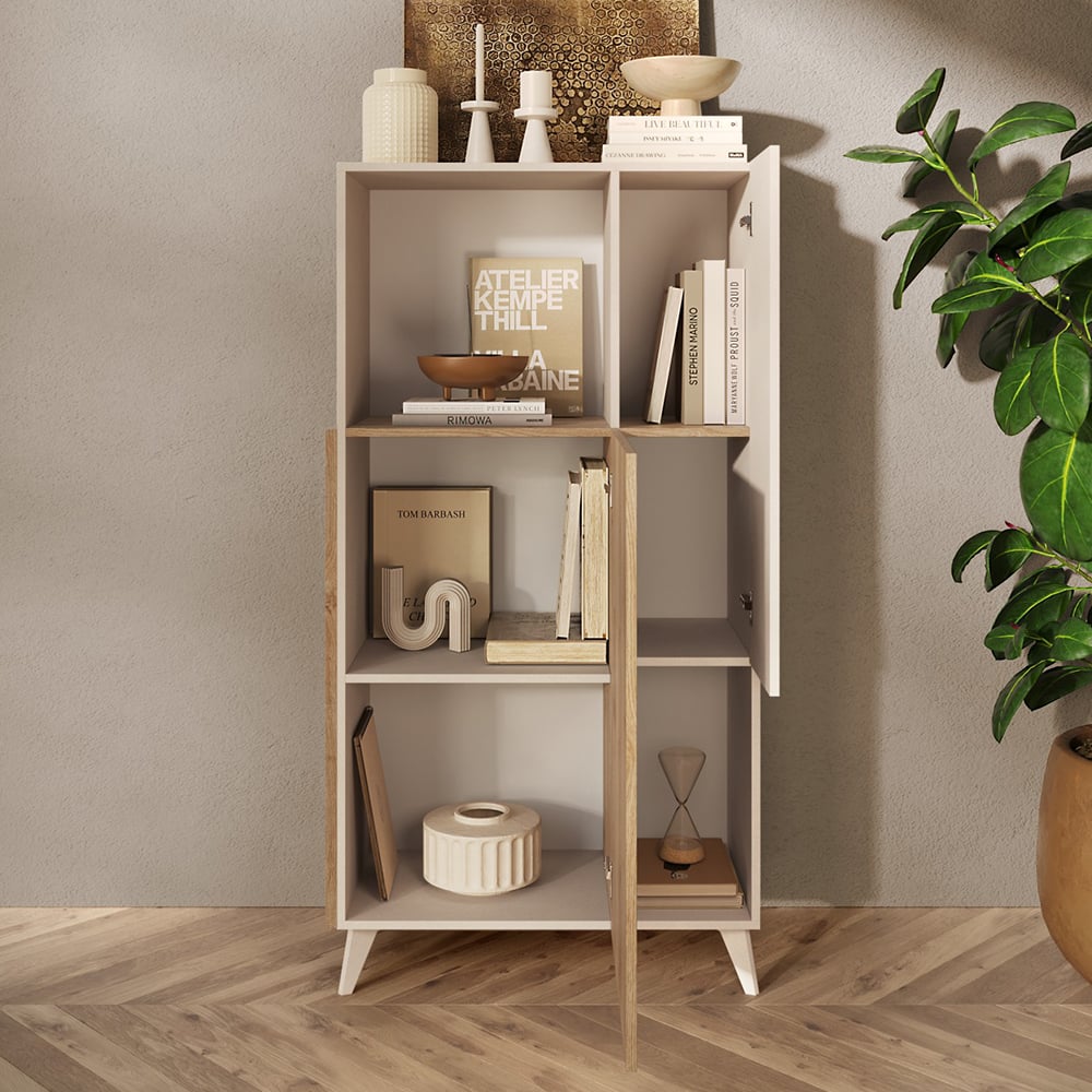Milan Wooden Highboard With 2 Doors In Cashmere And Cadiz Oak