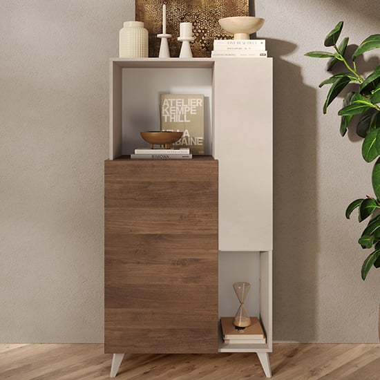 Milan Wooden Highboard With 2 Doors In Cashmere And Walnut