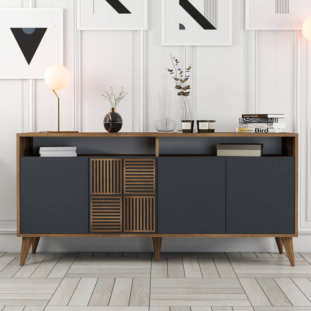 Milan Wooden Sideboard with 4 Doors in Walnut and Anthracite