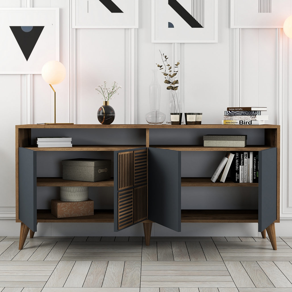 Milan Wooden Sideboard with 4 Doors in Walnut and Anthracite