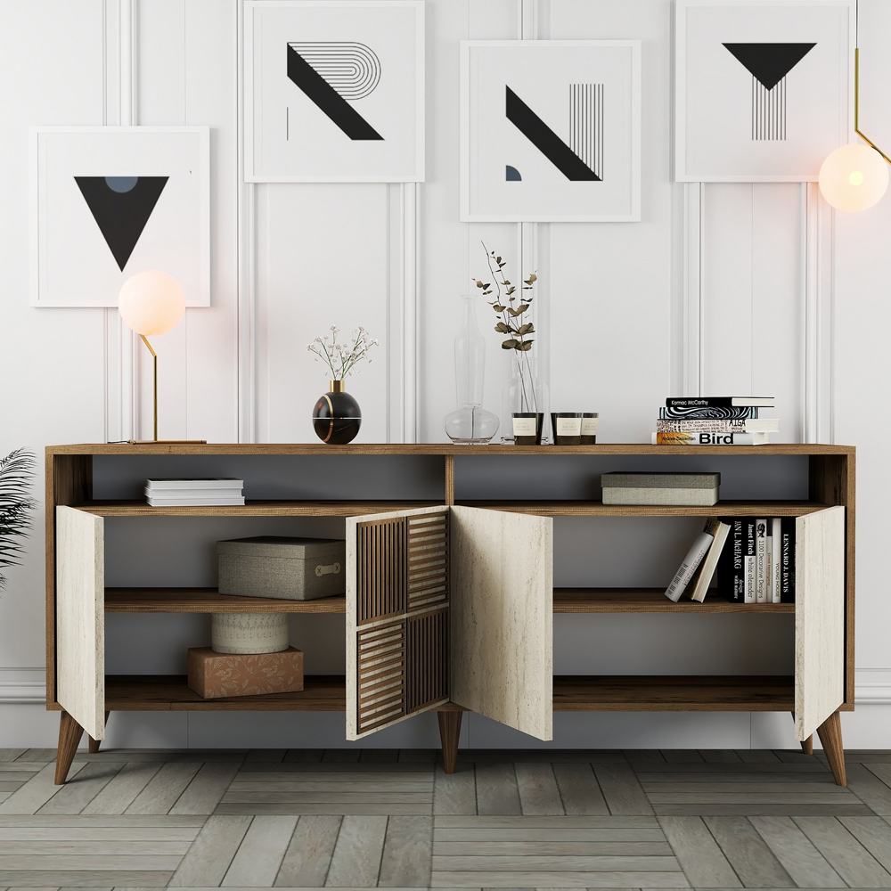Milan Wooden Sideboard with 4 Doors in Walnut and Travertine Marble Effect