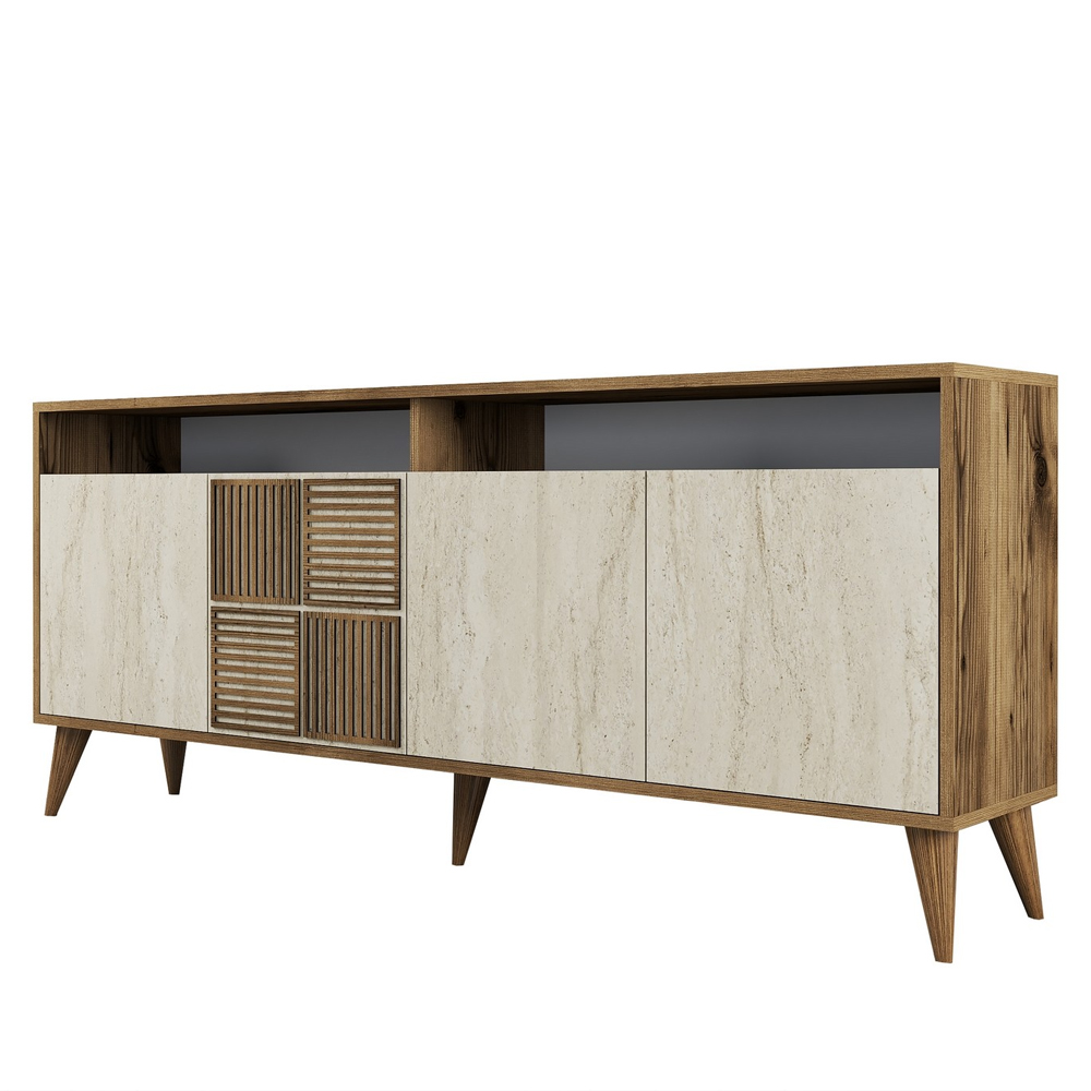 Milan Wooden Sideboard with 4 Doors in Walnut and Travertine Marble Effect