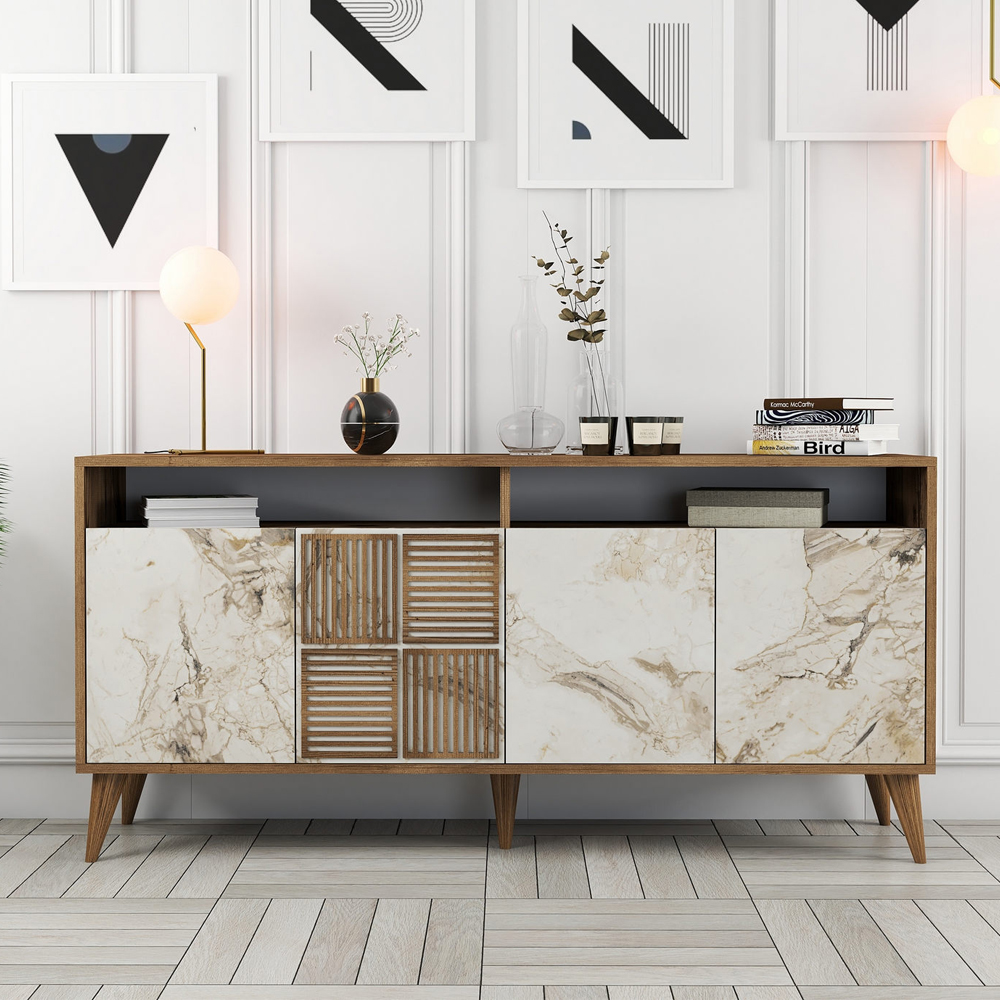 Milan Wooden Sideboard with 4 Doors in Walnut and White Marble Effect