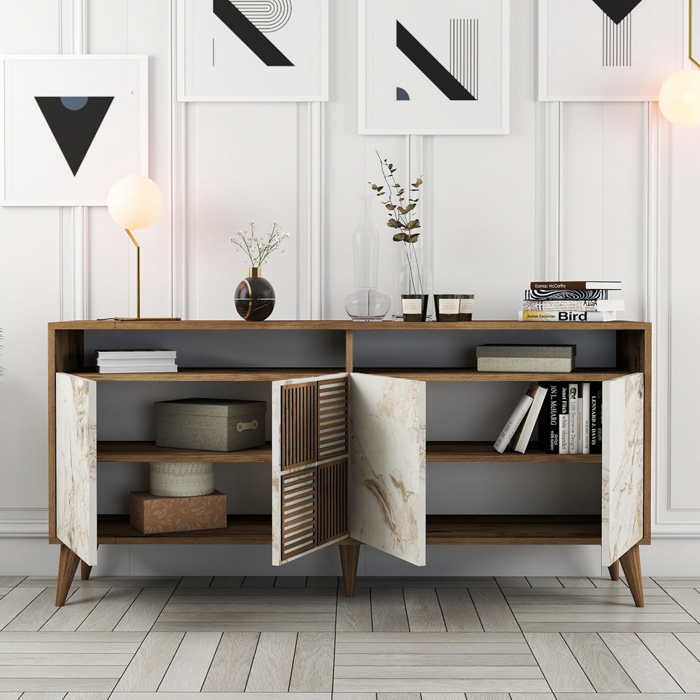 Milan Wooden Sideboard with 4 Doors in Walnut and White Marble Effect