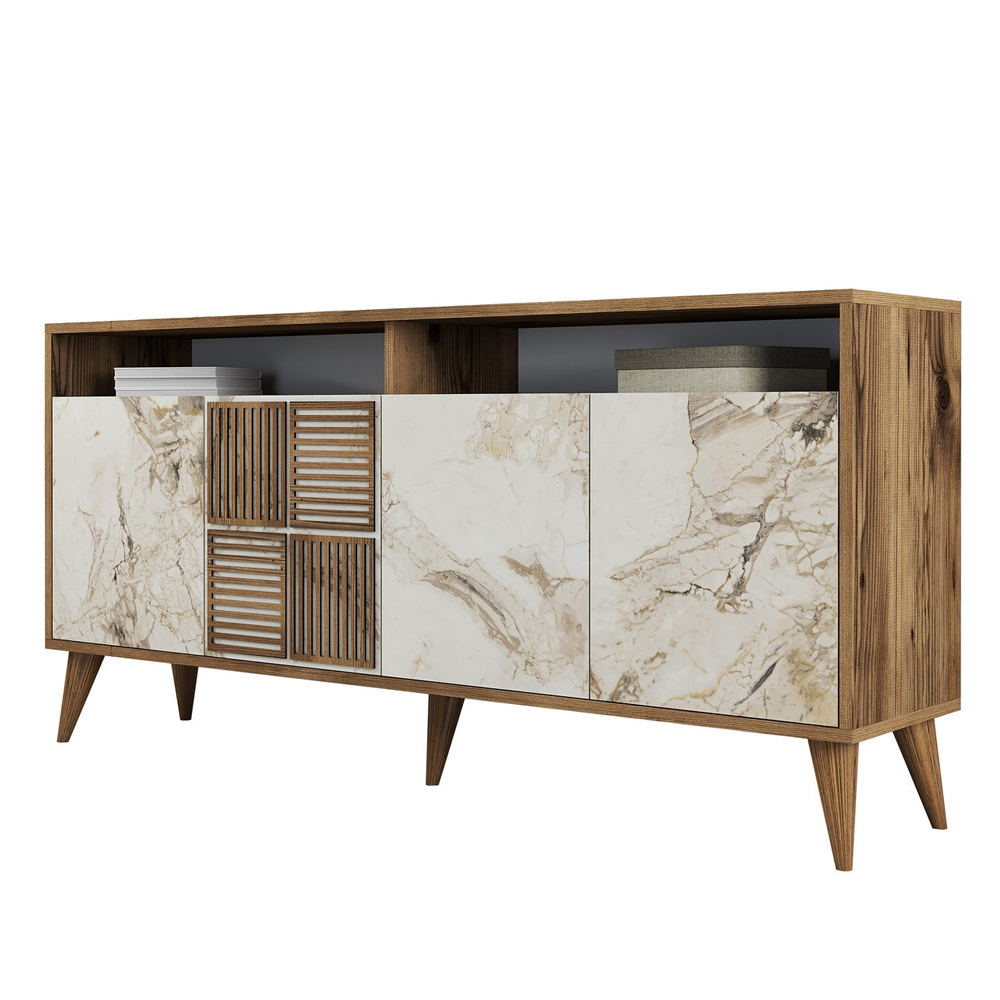 Milan Wooden Sideboard with 4 Doors in Walnut and White Marble Effect
