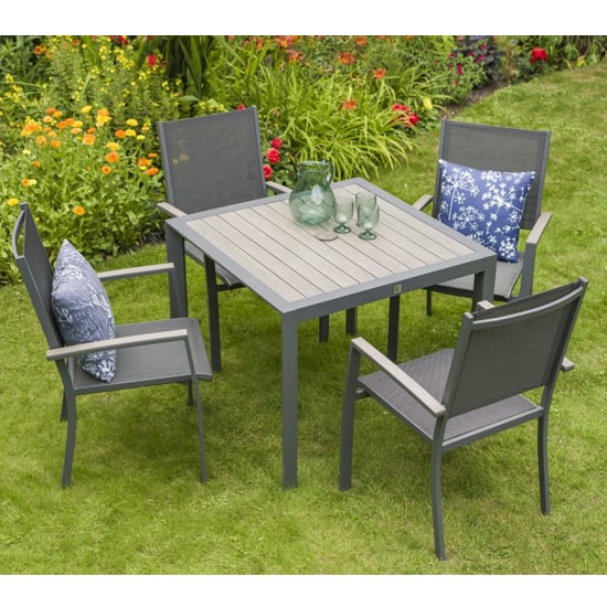 Mertan Outdoor Dining Set With 4 Sling Armchairs In Grey