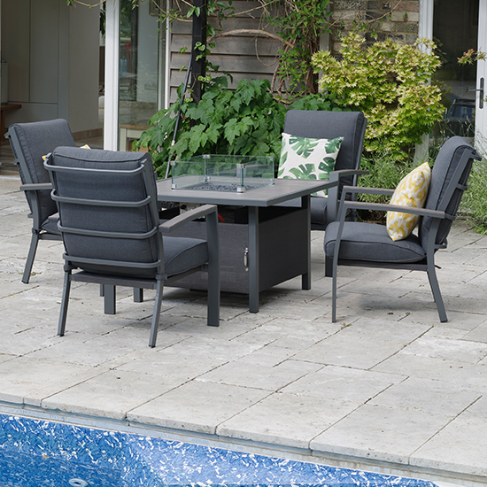 Mertan Outdoor Lounge Firepit Dining Set With 4 Chairs In Grey