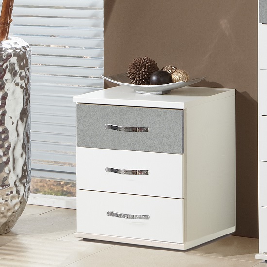 Milden Bedside Cabinet In White And Concrete Grey With 3 Drawers