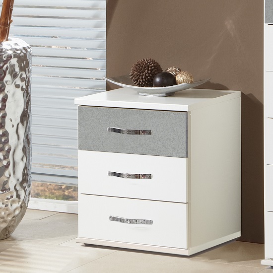 Photo of Milden bedside cabinet in white and concrete grey with 3 drawers