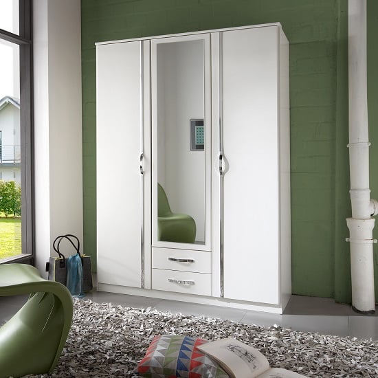 Milden Mirrored Wardrobe In White With 3 Doors And 2 Drawers_1