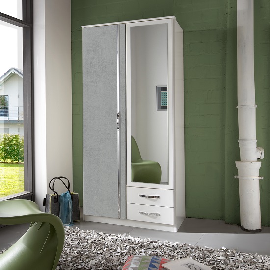 Read more about Milden mirror wardrobe in white and concrete grey with 2 doors