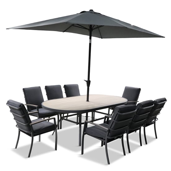 Product photograph of Mili 8 Seater Dining Set With Highback Chairs And Parasol from Furniture in Fashion
