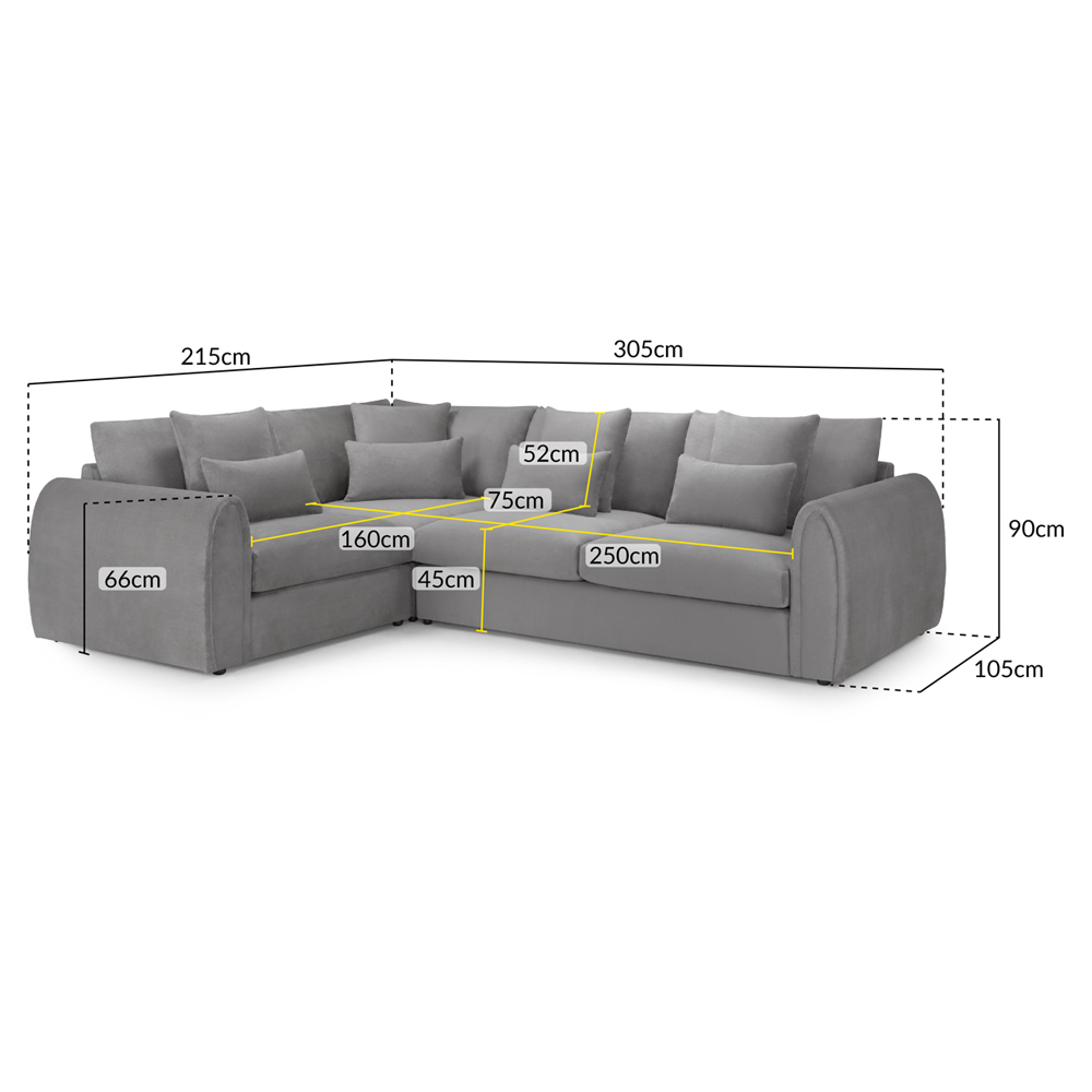 Millburn Plush Velvet Left Hand Corner Sofa In Grey