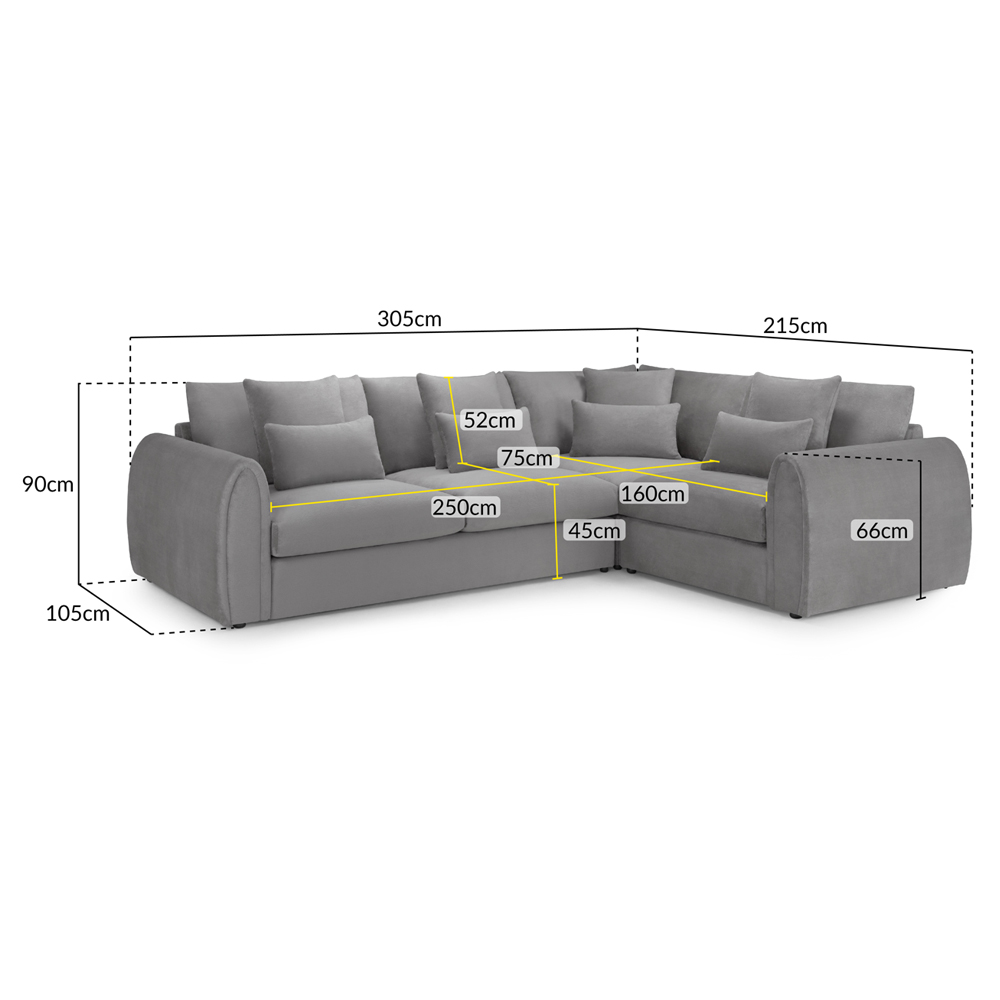 Millburn Plush Velvet Right Hand Corner Sofa In Grey
