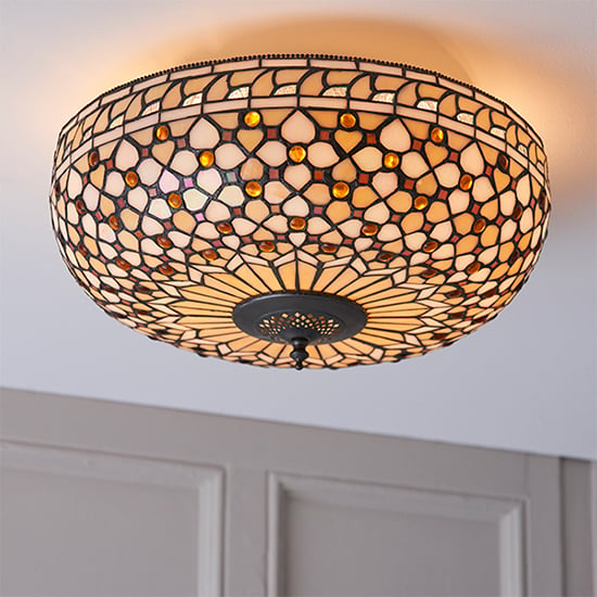Product photograph of Mille Feux Tiffany Glass 2 Lights Flush Ceiling Light In Bronze from Furniture in Fashion