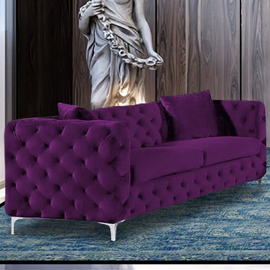 Product photograph of Mills Malta Plush Velour Fabric 3 Seater Sofa In Boysenberry from Furniture in Fashion