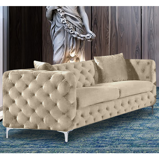 Mills Malta Plush Velour Fabric 3 Seater Sofa In Cream
