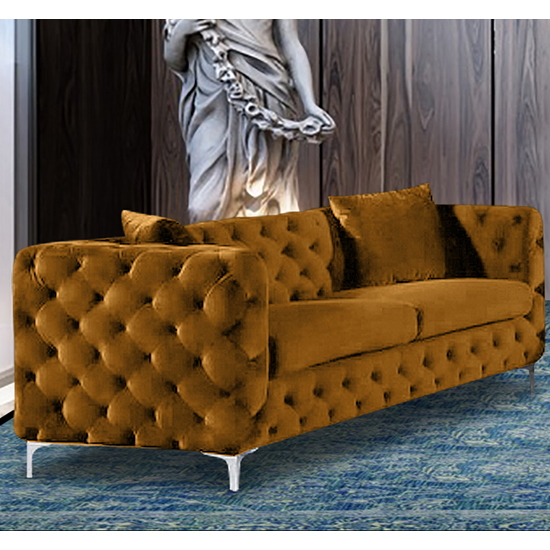 Mills Malta Plush Velour Fabric 3 Seater Sofa In Gold thumbnail