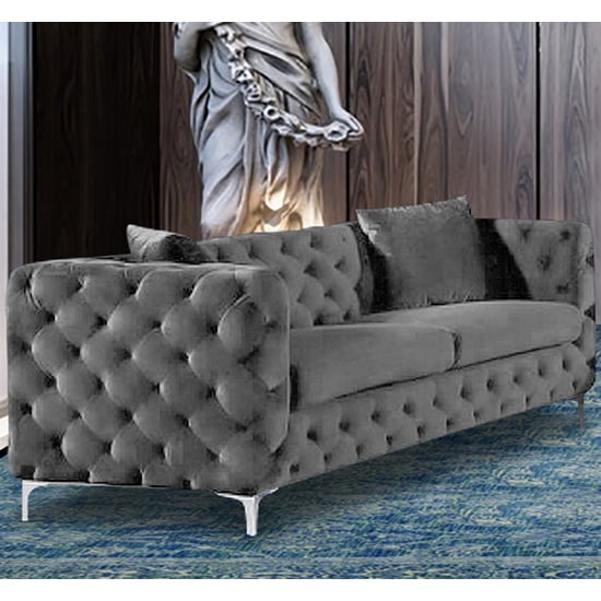 Product photograph of Mills Malta Plush Velour Fabric 3 Seater Sofa In Grey from Furniture in Fashion