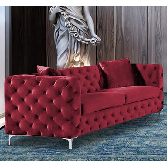 Mills Malta Plush Velour Fabric 3 Seater Sofa In Red
