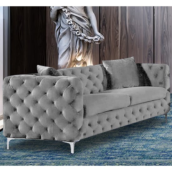 Product photograph of Mills Malta Plush Velour Fabric 3 Seater Sofa In Silver from Furniture in Fashion
