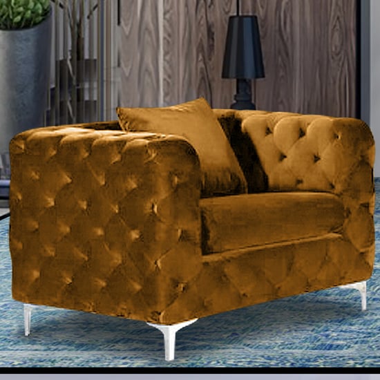 Product photograph of Mills Malta Plush Velour Fabric Armchair In Gold from Furniture in Fashion