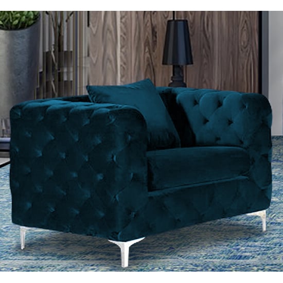 Product photograph of Mills Malta Plush Velour Fabric Armchair In Peacock from Furniture in Fashion