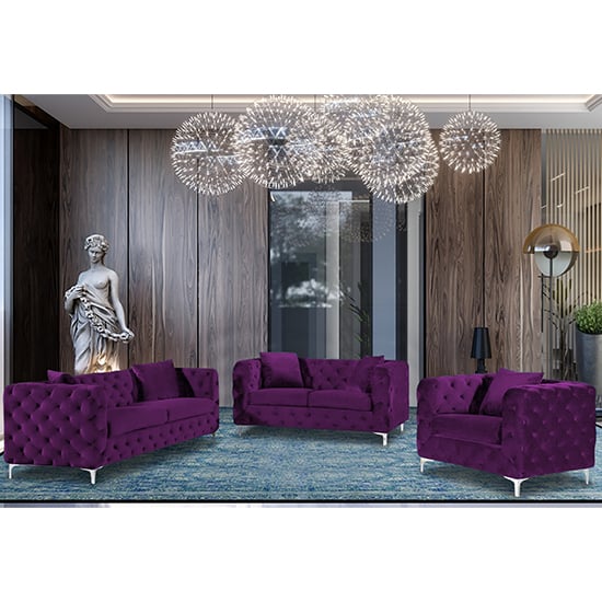Product photograph of Mills Malta Plush Velour Fabric Sofa Suite In Boysenberry from Furniture in Fashion