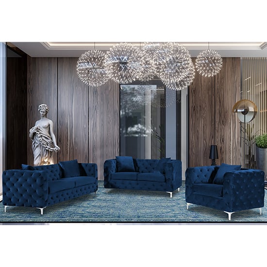 Product photograph of Mills Malta Plush Velour Fabric Sofa Suite In Navy from Furniture in Fashion