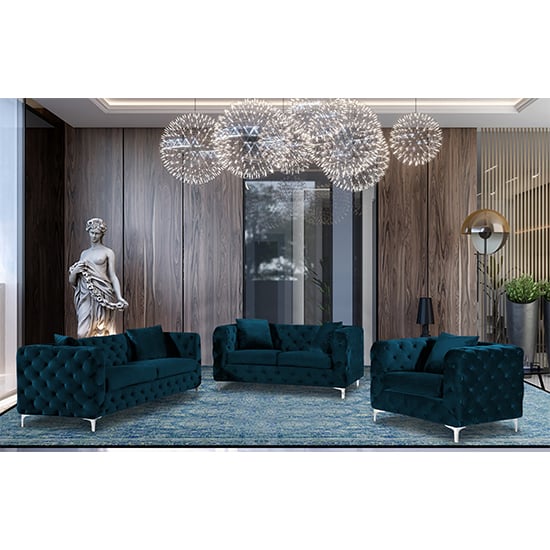 Product photograph of Mills Malta Plush Velour Fabric Sofa Suite In Peacock from Furniture in Fashion