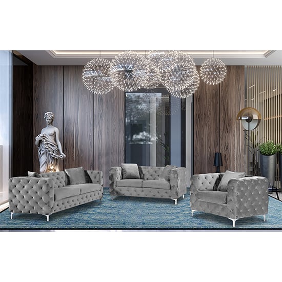 Product photograph of Mills Malta Plush Velour Fabric Sofa Suite In Silver from Furniture in Fashion