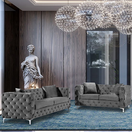 Mills Velour Fabric 2 Seater And 3 Seater Sofa In Grey Furniture in