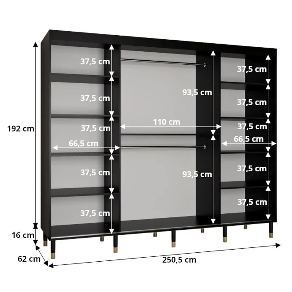 Millwall 250cm Mirrored Wardrobe With 3 Sliding Doors In Black