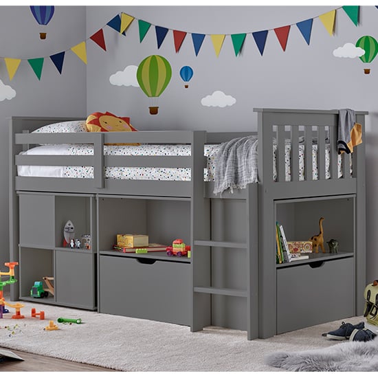 Milo Wooden Single Bunk Bed With Desk And Storage In Grey_4