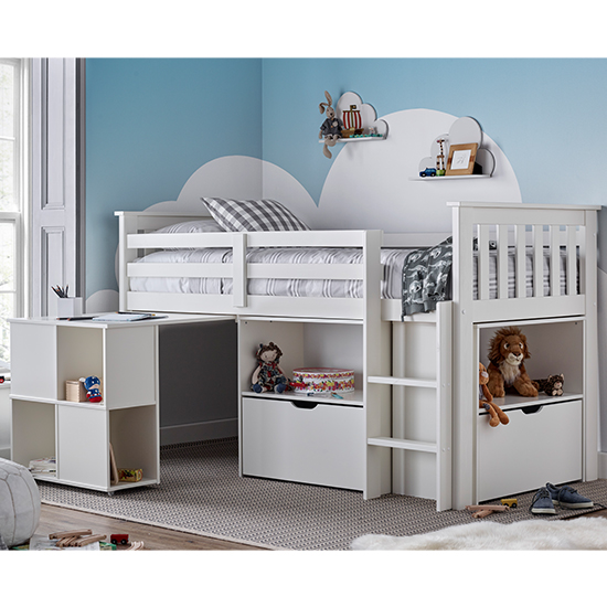 View Milo wooden single bunk bed with desk and storage in white