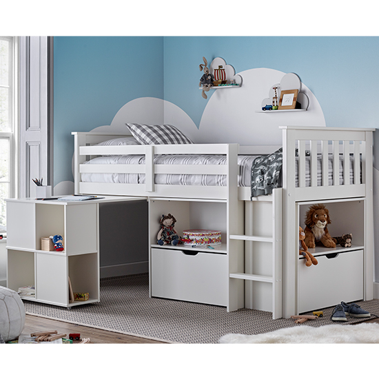 Photo of Milo wooden single bunk bed with desk and storage in white