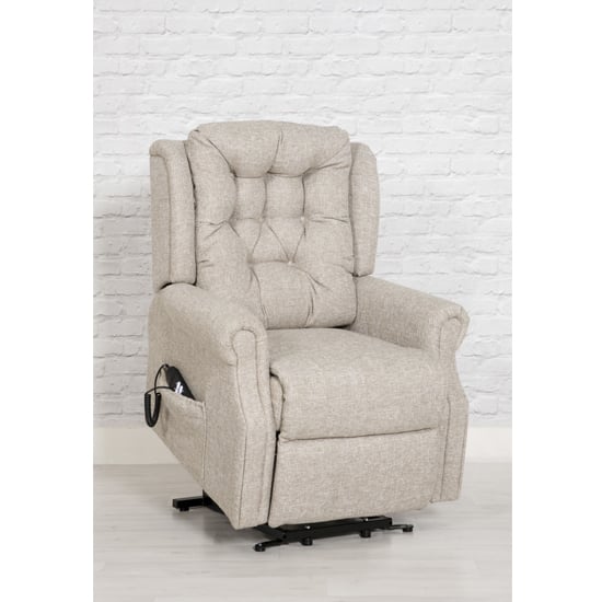 Product photograph of Melsa Fabric Upholstered Twin Motor Lift Recliner Chair In Sand from Furniture in Fashion