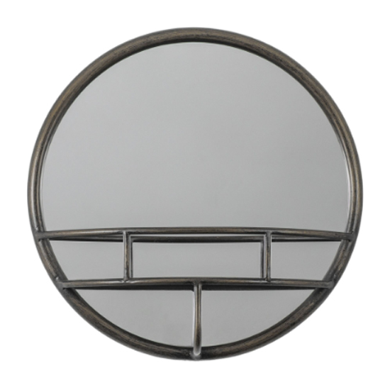 Millan Round Bathroom Mirror With Shelf In Black Frame Furniture in