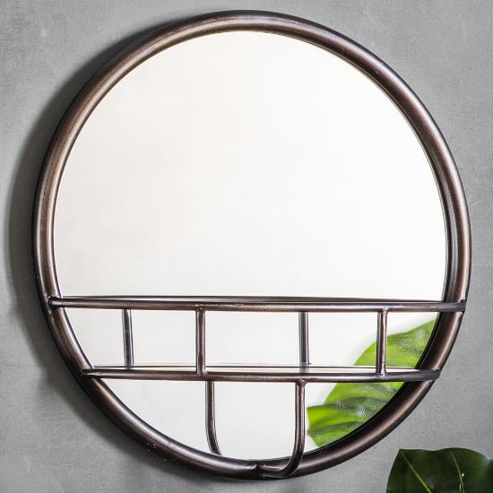 Photo of Millan round bathroom mirror with shelf in black frame