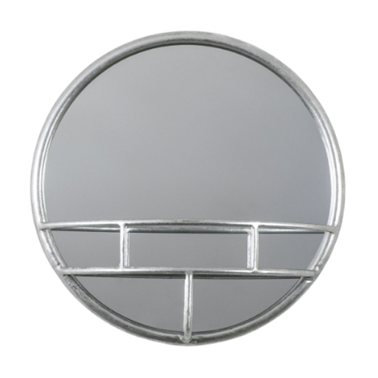Read more about Millan round bathroom mirror with shelf in silver frame
