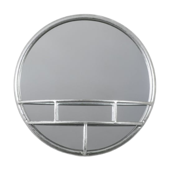 Read more about Millan round bathroom mirror with shelf in silver frame