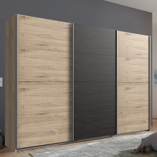 Minden Sliding Door Wooden Wardrobe In Hickory Oak And Graphite