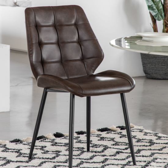 Minford Brown PU Leather Dining Chairs With Black Legs In Pair