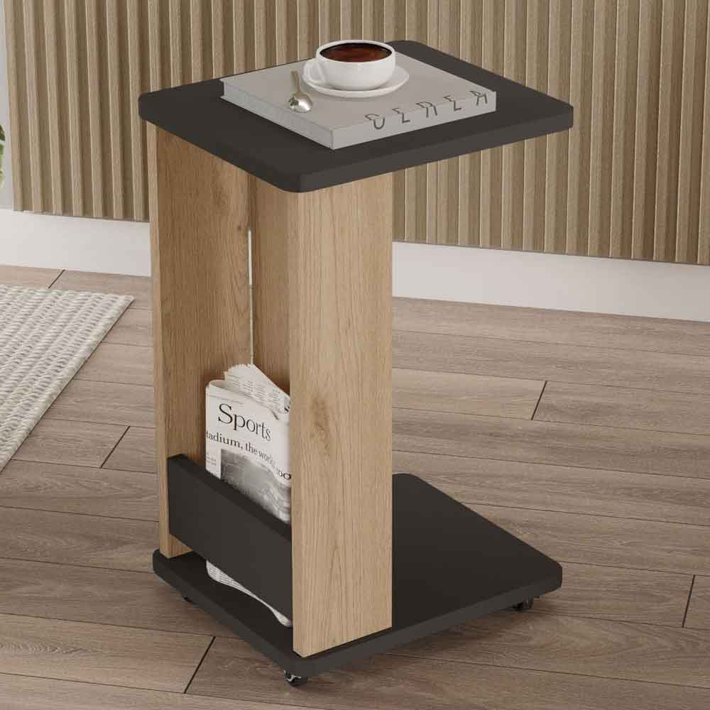 Mini Wooden Side Table with Magazine Rack in Oak and Anthracite