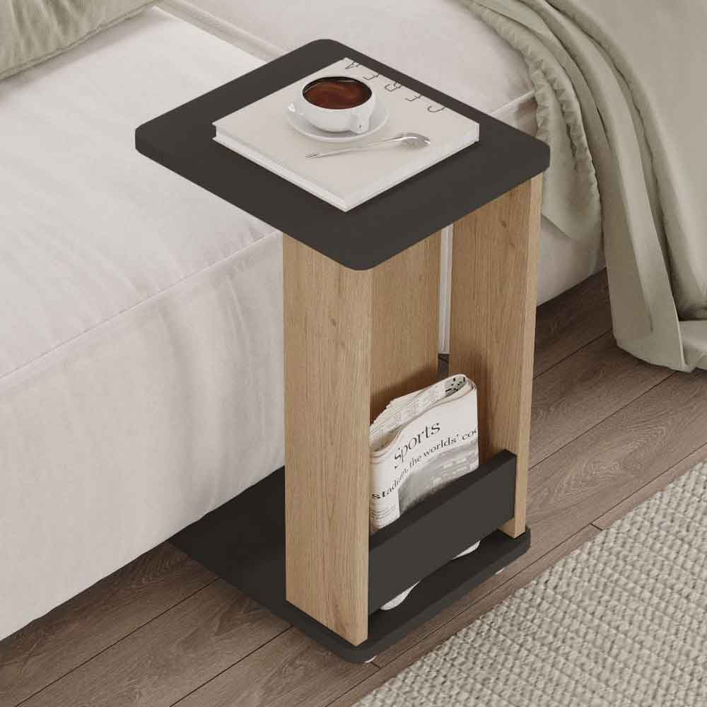 Mini Wooden Side Table with Magazine Rack in Oak and Anthracite