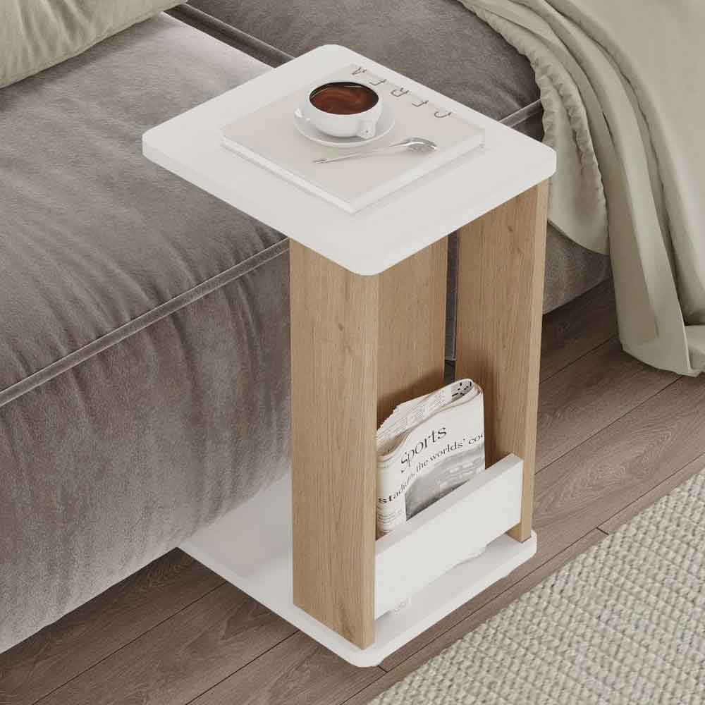 Mini Wooden Side Table with Magazine Rack in White and Oak